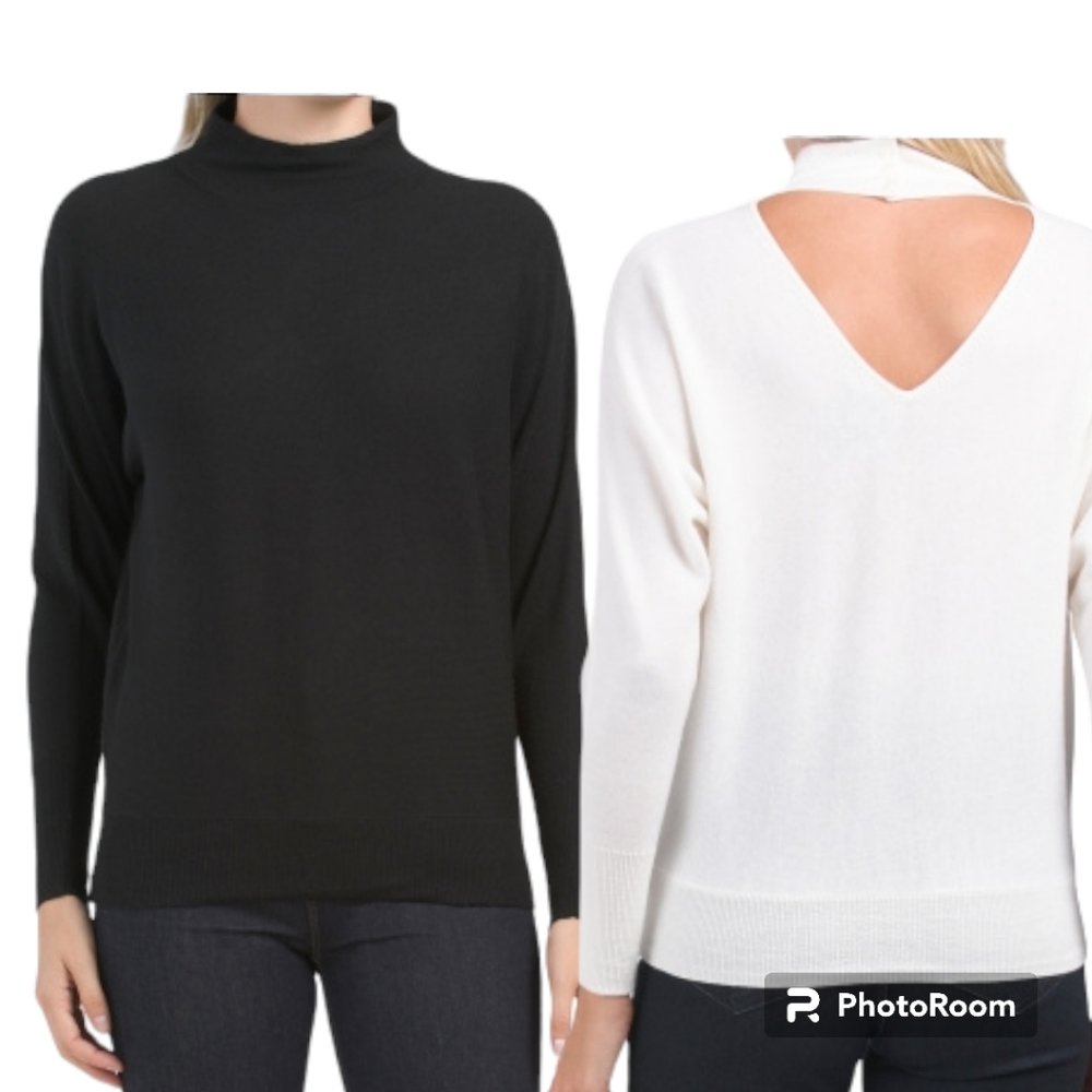 Nicole Miller NY Merino Wool Open Back Sweater, Large, Black, NWT